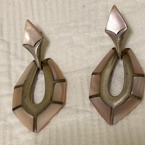 Sterling and Pink MOP Signed Earrings - Picture 2 of 6